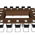 Large Rectangular Wooden Conference Table With Black Chairs And White Notebooks 3d model