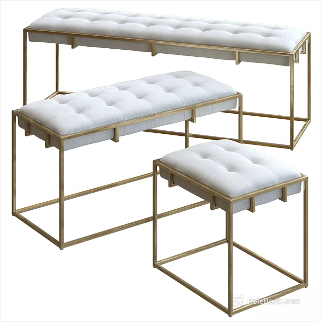 Modern Sofa Stools With Golden Metal Frames And White Padded Seats 3d model
