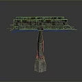 Rusty Metal Elevated Structure With Multi Layered Platform And Stone Pillar