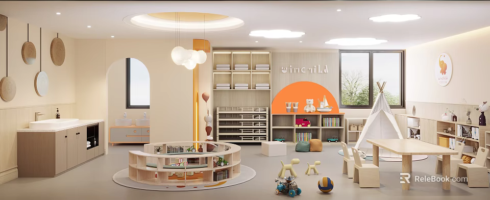 Colorful Kindergarten Interior With Play Area Bookshelves And Educational Toys Decorations 3d model 