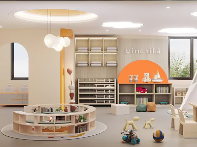 Colorful Kindergarten Interior With Play Area Bookshelves And Educational Toys Decorations 3d model