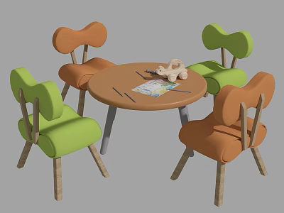 Kids Round Table with Four Green Orange Chairs Butterfly Back and Toys Paper Pencils 3d model