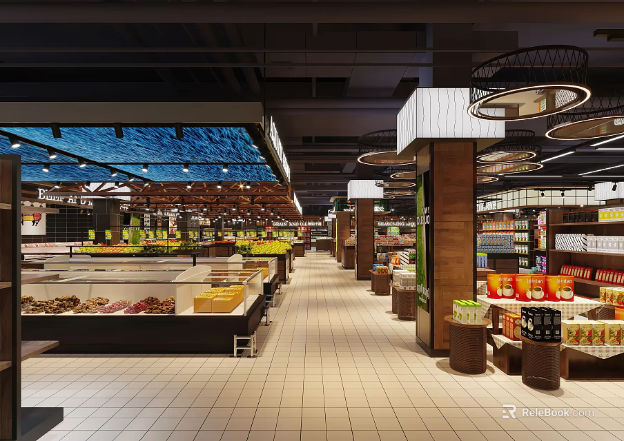 Modern Supermarket Retail Interior With Fresh Produce Shelves And Product Displays 3d model 