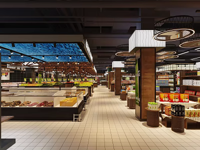 Modern Supermarket Retail Interior With Fresh Produce Shelves And Product Displays 3d model