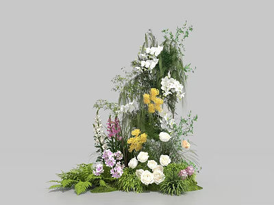 Layered Floral Installation With White Yellow Pink Purple Flowers And Green Foliage Ferns 3d model