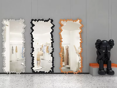 Three Irregular Shaped Mirrors White Black Orange Reflect Clothing Store Interior With Black Sculpture 3d model