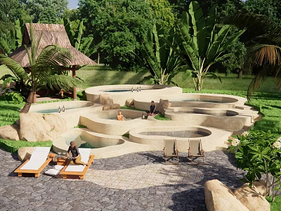 Park Landscape With Irregular Ponds Lounge Chairs Thatched Pavilion And Tropical Plants 3d model