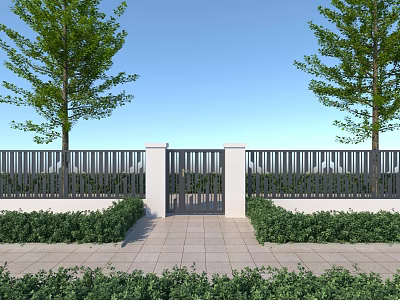 Modern Entrance Gate With Black Fence Trees And Green Bushes On Paved Walkway 3d model
