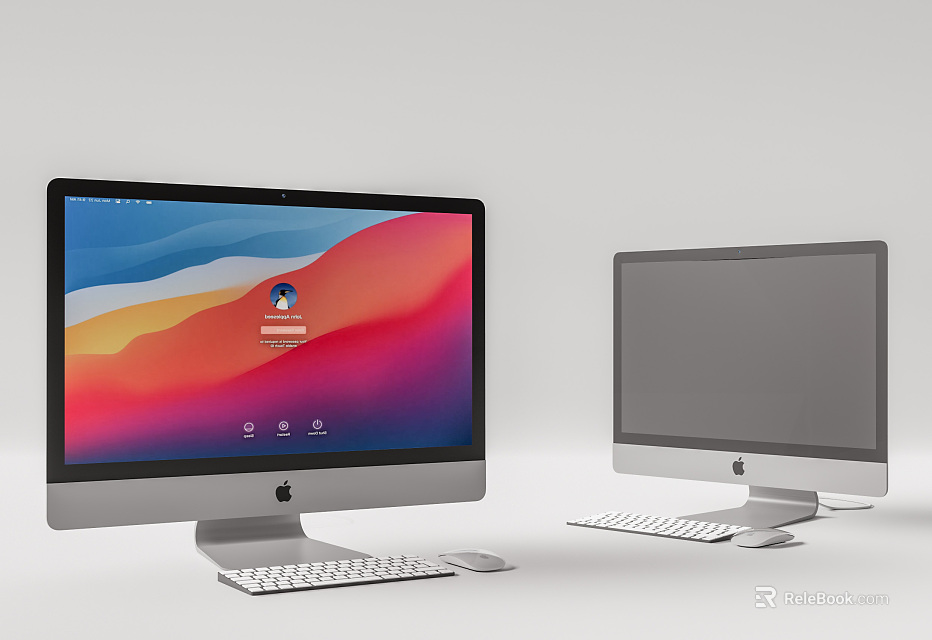 Two Modern iMac Desktop Computers With Colorful And Gray Screens Keyboard And Mouse 3d model 