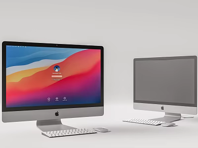 Two Modern iMac Desktop Computers With Colorful And Gray Screens Keyboard And Mouse 3d model