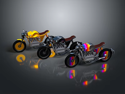 Three Custom Motorcycles With Yellow Black Colorful Designs Leather Seats And Reflections 3d model