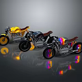 Three Custom Motorcycles With Yellow Black Colorful Designs Leather Seats And Reflections