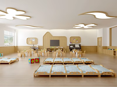 Bright Kindergarten Interior With Beds Tables Piano And Butterfly Lights 3d model