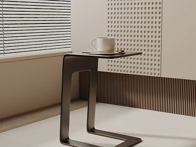 Modern Side Table With Black Metal Frame White Cup Tray Near Window Blinds 3d model