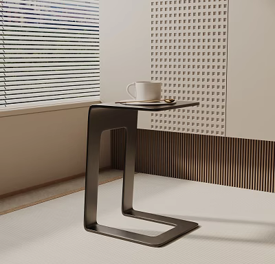 Modern Side Table With Black Metal Frame White Cup Tray Near Window Blinds 3d model