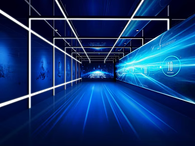 Modern Futuristic Corridor with Blue Neon Lights and Digital Projection Displays 3d model