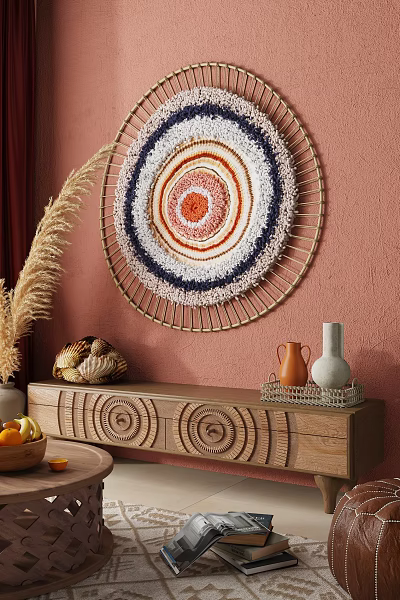 Bohemian Decorative Cabinet On Pink Wall With Round Woven Hanging Shell Decor Vases And Fruits 3d model