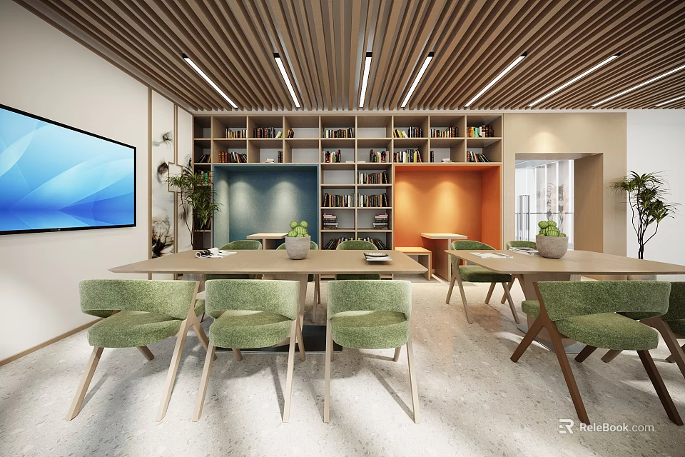 Modern Book Art Themed Interior With Reading Tables Chairs And Bookshelves 3d model 