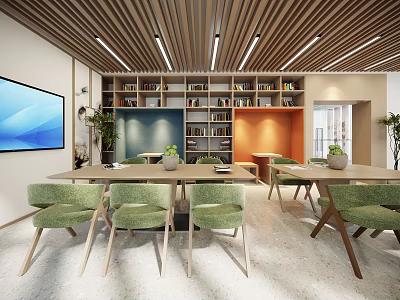 Modern Book Art Themed Interior With Reading Tables Chairs And Bookshelves 3d model