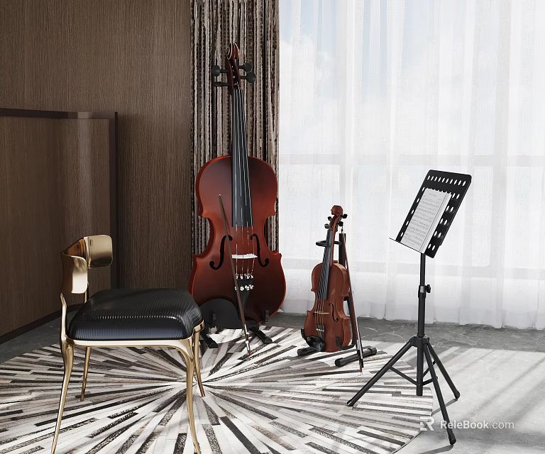 Elegant Room Interior With Musical Instruments Cello Violin And Music Stand 3d model 