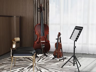 Elegant Room Interior With Musical Instruments Cello Violin And Music Stand 3d model
