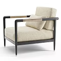 Modern Beige Fabric Lounge Chair With Black Wooden Frame And Wooden Armrests