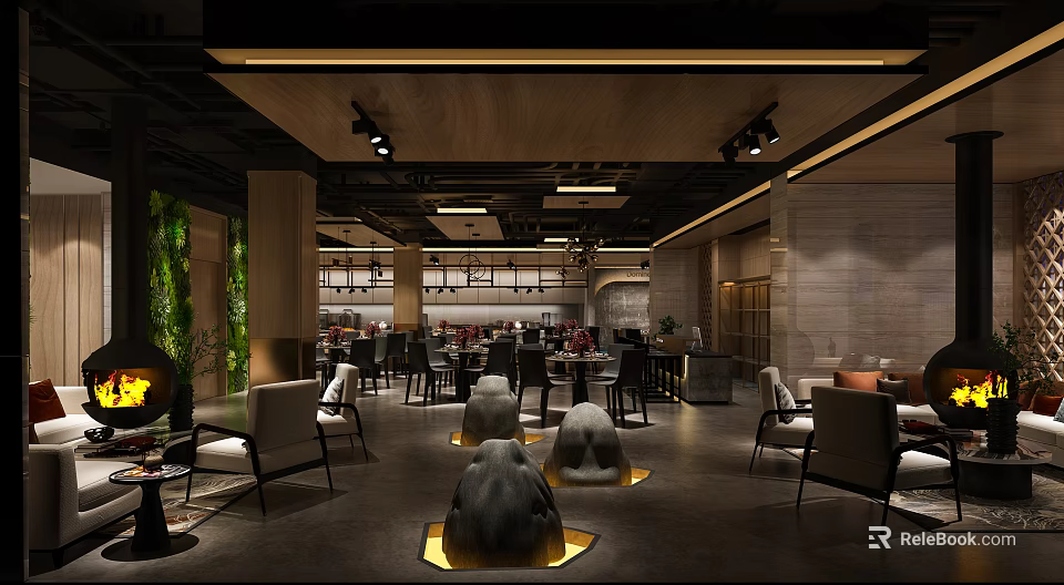 Modern Restaurant Interior Design With Green Plant Wall Wooden Ceiling And Comfortable Seats 3d model 