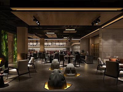 Modern Restaurant Interior Design With Green Plant Wall Wooden Ceiling And Comfortable Seats 3d model