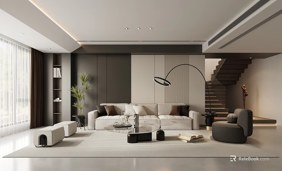 Modern Minimalist Living Room Interior With Sofa Arc Floor Lamp Staircase And Plants 3d model 
