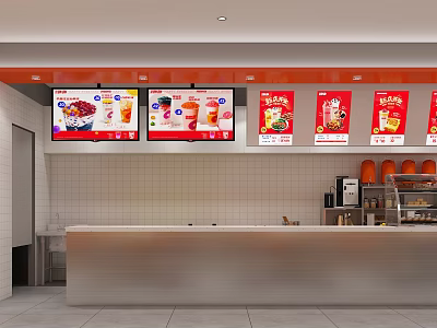Bubble Tea Shop Interior With Digital Screens Displaying Drinks And Red Menu Posters 3d model
