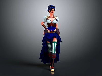 Fantasy Female Character In Blue White Outfit With Green Striped Stockings And Long Skirt 3d model