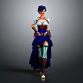 Fantasy Female Character In Blue White Outfit With Green Striped Stockings And Long Skirt