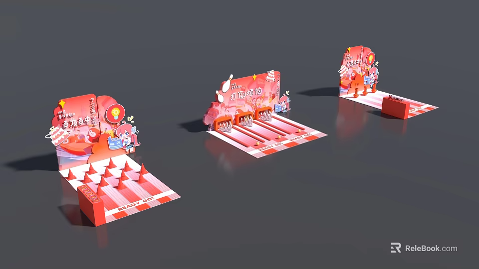 Red Themed Interactive Zone Setup With Display Stands Steps And Cartoon Decorations 3d model 