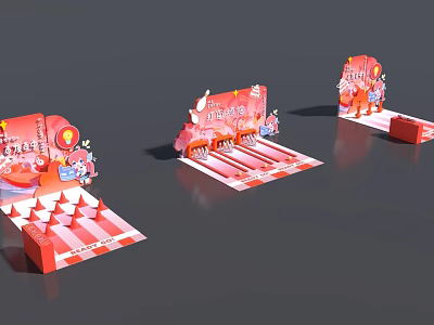 Red Themed Interactive Zone Setup With Display Stands Steps And Cartoon Decorations 3d model