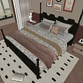 Cozy Double Bed With Dark Frame Striped Quilt Pillows Bedside Tables And Wall Artworks
