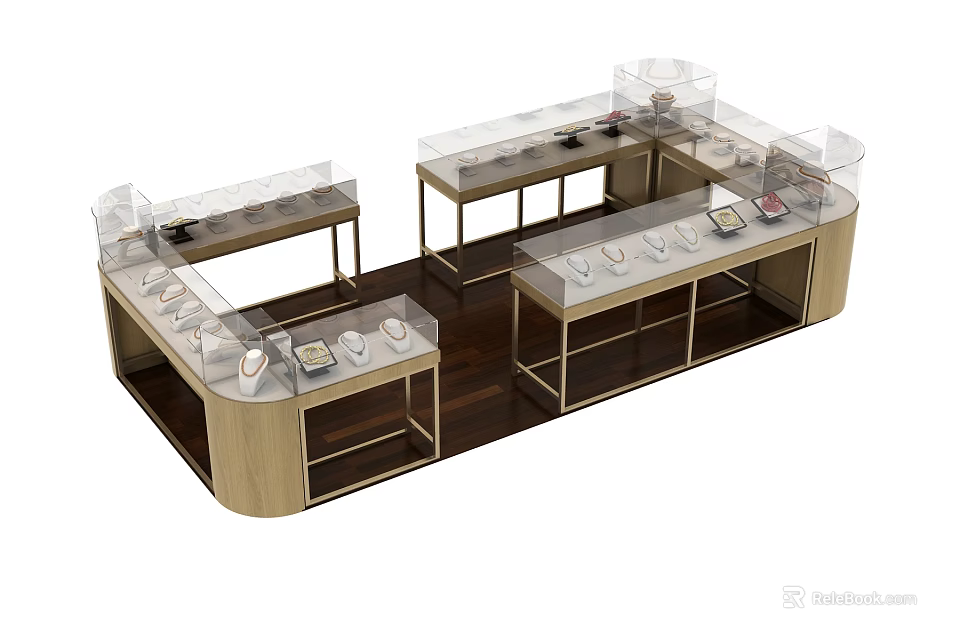 Modern Wooden Display Shelves with Metal Frames and Glass Covers for Retail Merchandise 3d model 