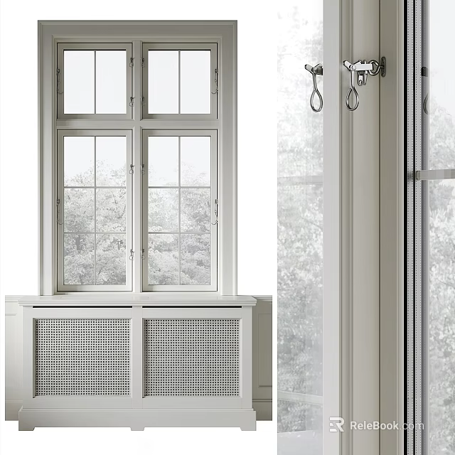 White Casement Window With Multiple Panes Offering Natural Tree View Through Grid Windowsill 3d model 
