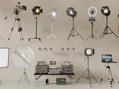 Professional Photography Studio Equipment With Lighting Tripods Reflectors And Recording Gear 3d model