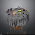 Round Table Scene With Patterned Tablecloth And Colorful Toys Books Stationery