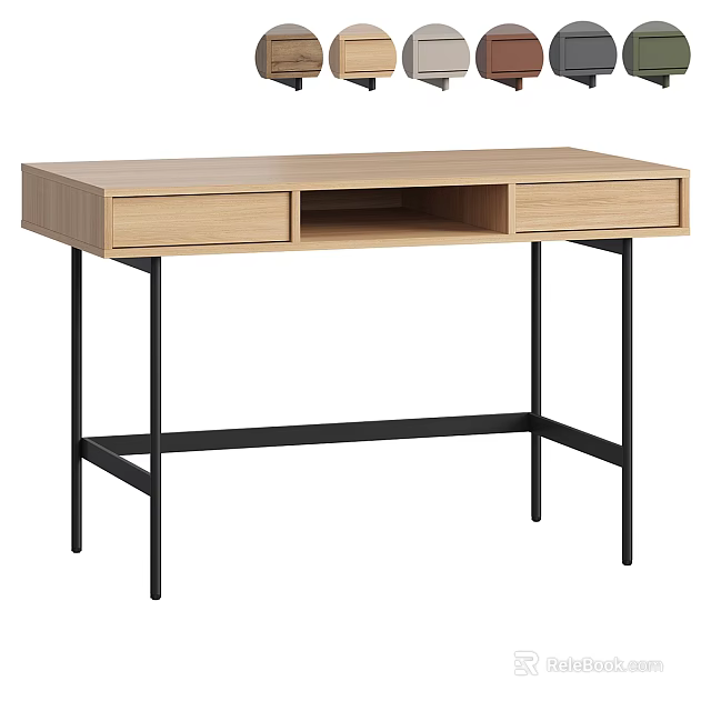 Modern Wooden Desk With Light Wood Finish Two Drawers And Black Metal Legs 3d model 