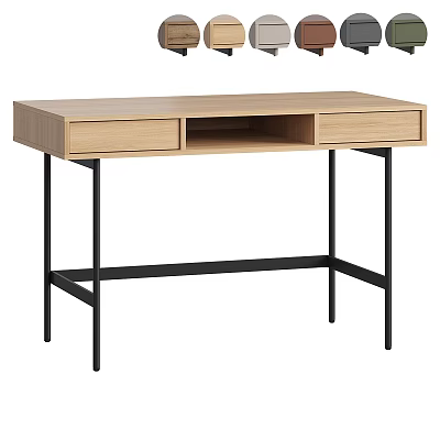 Modern Wooden Desk With Light Wood Finish Two Drawers And Black Metal Legs 3d model