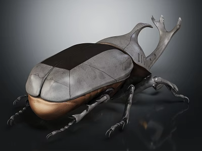 Detailed 3D Model of Metallic Flying Beetle with Gray Copper Carapace and Horned Head 3d model