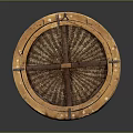 Ancient Defensive Weapon Round Shield With Wooden Frame Woven Center And Decorative Edges