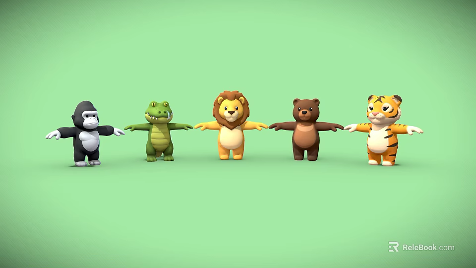 Playful Row of Colorful Cartoon Animals Holding Hands On Green Background 3d model 