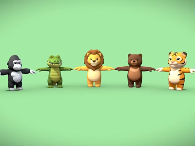 Playful Row of Colorful Cartoon Animals Holding Hands On Green Background 3d model