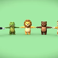 Playful Row of Colorful Cartoon Animals Holding Hands On Green Background