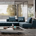 Modern Living Room Interior Design With Floor To Ceiling Windows And Blue Brown Sofas 3d model
