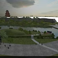 Park Landscape With Tower Sunset River Pavilion Grassland Trees Pathway And People