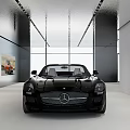 Modern Car Showroom Interior With Black Mercedes Sports Car Large Windows And Paintings