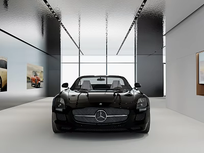 Modern Car Showroom Interior With Black Mercedes Sports Car Large Windows And Paintings 3d model
